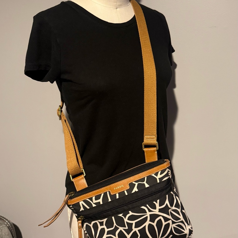 Fossil Black and Brown Floral Crossbody Bag